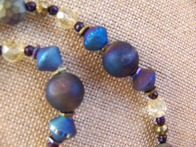 Purple Blue Gold and Brass Natural Stone Beaded Necklace Casual Druzy Chunky Geode Geometric Jewelry Iridescent Gold Gray Hematite 118 image 8