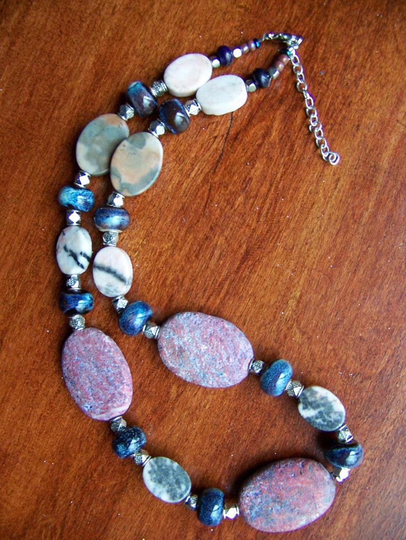 Women's Natural Stone Professional Necklace Chunky Pink Blue Neutrals Gray Silver Beaded Jewelry Tunic Accessory Gift for Her 12 image 1