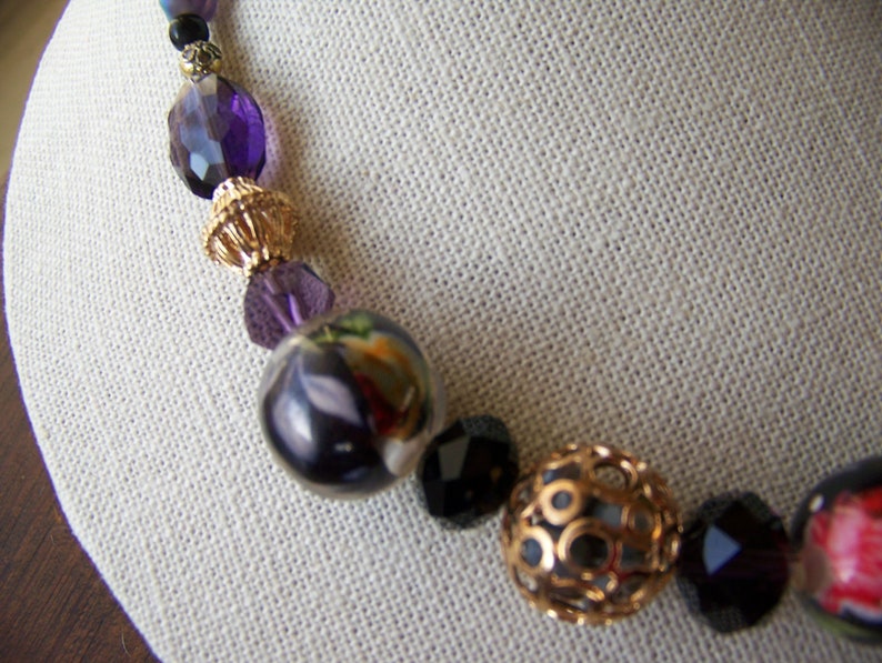 Chunky Geometric Jewelry -#192 Black /& Gold Floral Necklace Purple Botanical Gift Lavender Garden Necklace Red Flower Accessory
