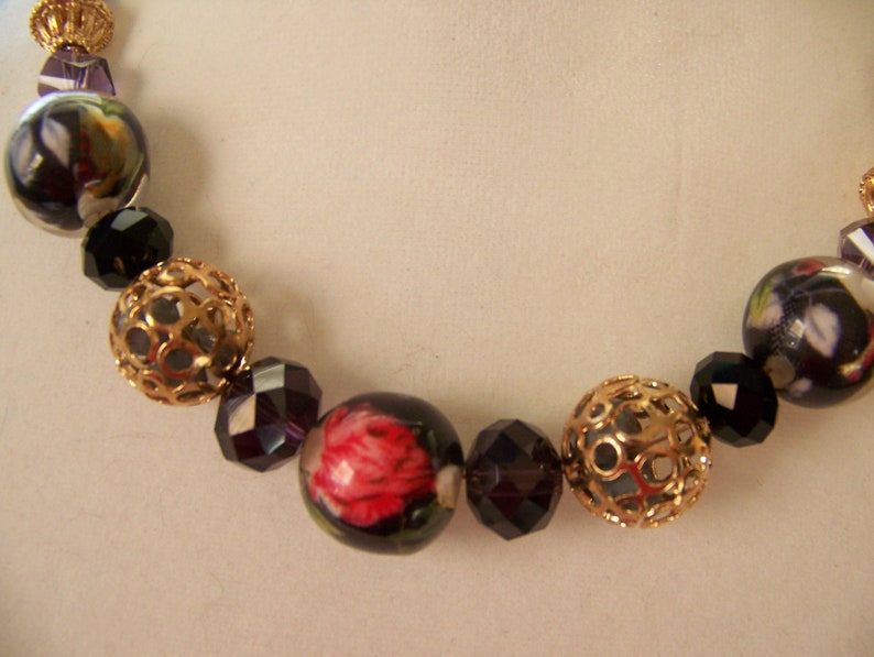 Black & Gold Floral Spanish Inspired Necklace Red Flower and Purple Botanical Gift Lavender Garden Chunky Geometric Jewelry 192 image 2