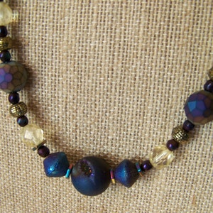 Purple Blue Gold and Brass Natural Stone Beaded Necklace Casual Druzy Chunky Geode Geometric Jewelry Iridescent Gold Gray Hematite 118 image 6