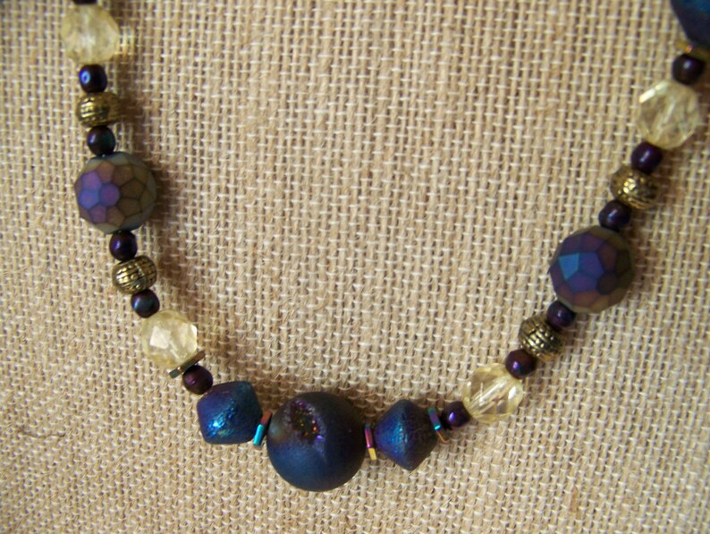 Purple Blue Gold and Brass Natural Stone Beaded Necklace Casual Druzy Chunky Geode Geometric Jewelry Iridescent Gold Gray Hematite 118 image 6