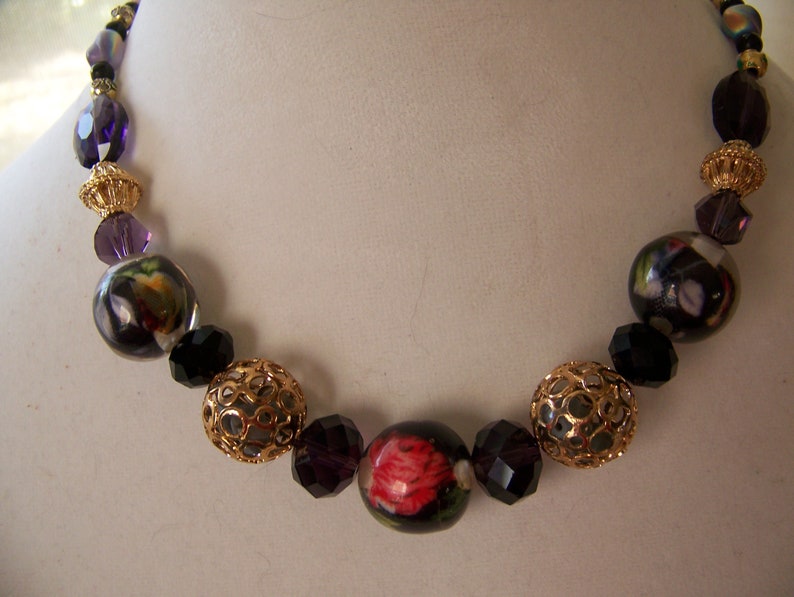 Black & Gold Floral Spanish Inspired Necklace Red Flower and Purple Botanical Gift Lavender Garden Chunky Geometric Jewelry 192 image 1