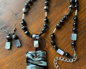 Black Silver White Dichroic Tunic Pendant Necklace Set Long - Gray Shell with Black and White Glass - Modern Professional To Evening - #234