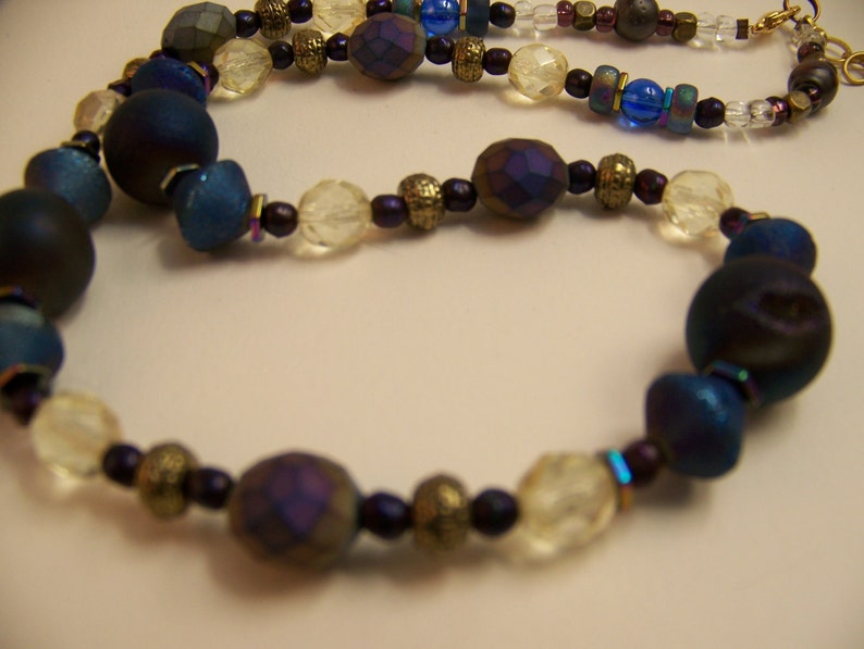 Purple Blue Gold and Brass Natural Stone Beaded Necklace Casual Druzy Chunky Geode Geometric Jewelry Iridescent Gold Gray Hematite 118 image 2