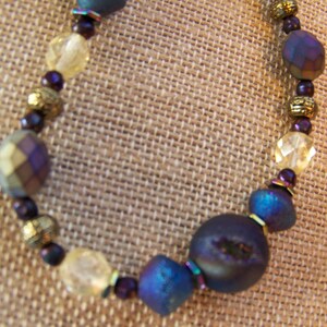 Purple Blue Gold and Brass Natural Stone Beaded Necklace Casual Druzy Chunky Geode Geometric Jewelry Iridescent Gold Gray Hematite 118 image 1