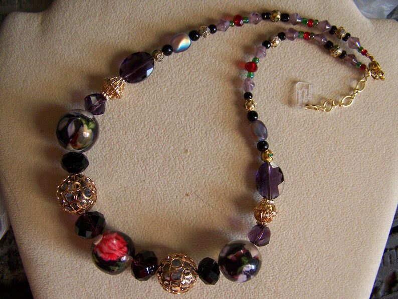 Chunky Geometric Jewelry -#192 Black /& Gold Floral Necklace Purple Botanical Gift Lavender Garden Necklace Red Flower Accessory