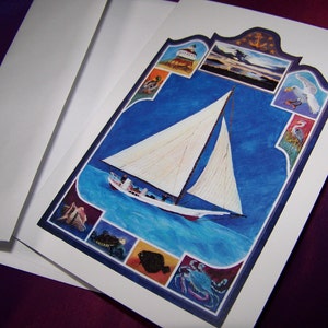 Greeting Cards Nautical Pack of 5- Blank Note Cards Sailboat - Chesapeake Bay Note Cards - Paper Goods Lighthouse - Ship Art Cards