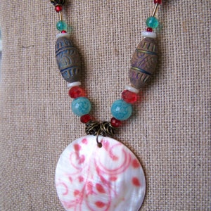 Red Aqua and White Shell Tunic Pendant Necklace Tropical Tribal Beaded Beach Necklace Colorful Professional Casual Gift for Her 124 image 4