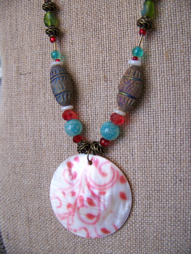 Red Aqua and White Shell Tunic Pendant Necklace Tropical Tribal Beaded Beach Necklace Colorful Professional Casual Gift for Her 124 image 4