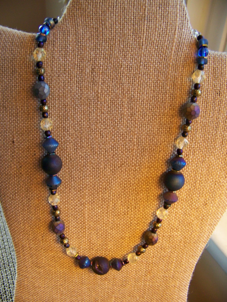 Purple Blue Gold and Brass Natural Stone Beaded Necklace Casual Druzy Chunky Geode Geometric Jewelry Iridescent Gold Gray Hematite 118 image 5