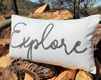 Explore Pillow, Custom Made with Handwritten Felt Letters | Outdoor Adventurer | Playroom Decor