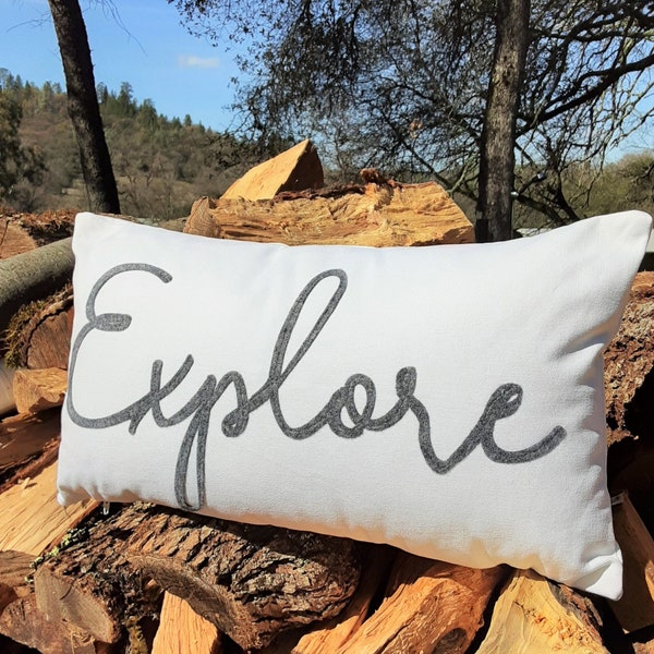 Explore Pillow, Custom Made with Handwritten Felt Letters | Outdoor Adventurer | Playroom Decor