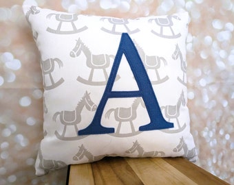 Initial Pillow on Horse Pillow Fabric, Monogrammed Pillow cover, Rocking Horse Nursery Decor, Personalized Large Letter Pillowcase