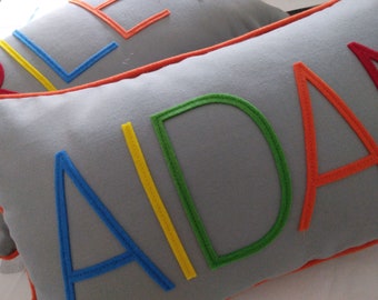 Multi Color Custom Personalized Name Pillow with Piping | Mix and Match Felt Letters | Unique Handmade Gift | Colorful Ombre Rainbow Letters