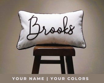 Personalized Pillow with Felt Applique Name Pillow, Piping Edge Trim, Contrasting Cording Colors, Customized Pillowcase, Nursery Room Decor