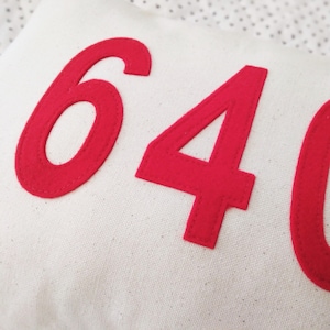 May include: A white pillow with the number 640 sewn on in red felt.