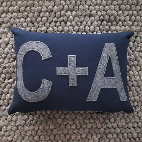 Personalized Couple Initials, Monogram Pillow Cover, Felt Block Letters, Wedding Gift, Newlywed Initials with plus sign +