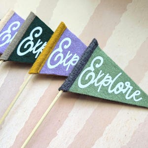 May include: A series of five triangular felt pennants attached to thin wooden sticks. Each pennant features the word Explore in white cursive lettering. The pennants are colored in dark blue, light purple, dark green, yellow, and sage green.