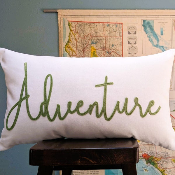 Adventure Pillow, Custom Made with Handwritten Felt Letters | Gift for Traveller | Outdoor Adventurer | Playroom Decor | Plush Sign