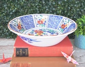 Vintage Chinese Japanese Decorative Imari Style Bowl with Blue and White Panels and Red Lotus Flowers