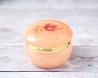 Vintage Mini Genuine Alabaster Hinged Lid Trinket Box with Rose Motif Made in Italy, Peach Pink Colored Genuine Stone Lidded Pill Vanity Box