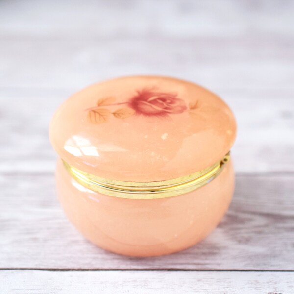 Vintage Mini Genuine Alabaster Hinged Lid Trinket Box with Rose Motif Made in Italy, Peach Pink Colored Genuine Stone Lidded Pill Vanity Box