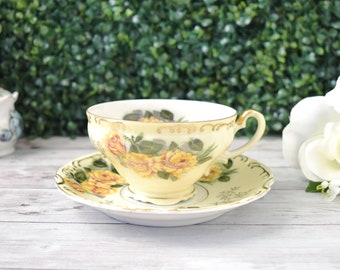 Vintage Lefton Hand Painted Yellow Roses Tea Cup and Saucer Plate Set, Rustic Floral Teacup & Saucer with Gold Gilt, Shabby Chic High Tea