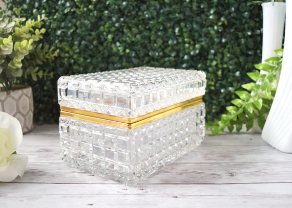 Vintage French Baccarat Style Jewelry Casket Box With Brass