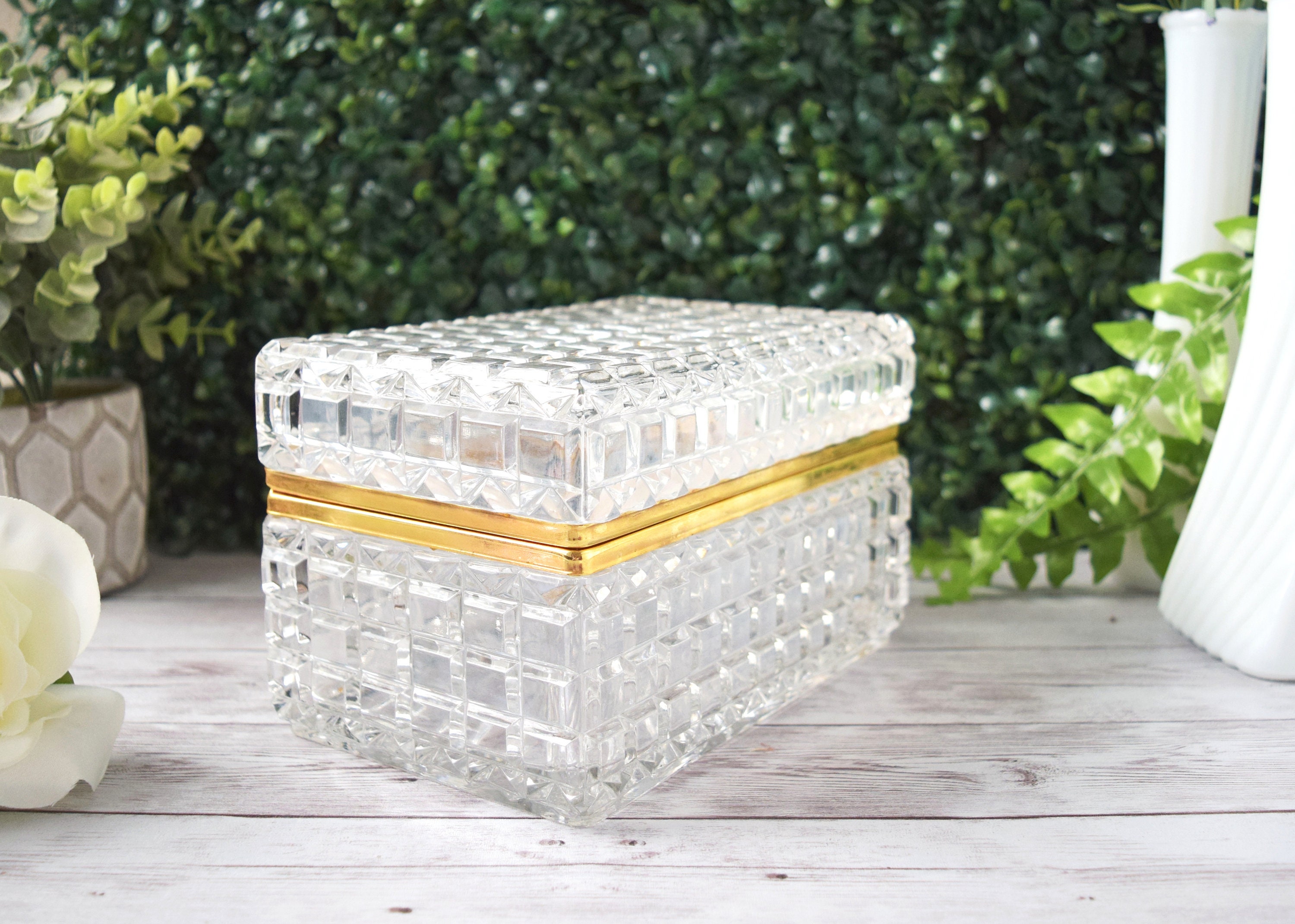 Vintage French Baccarat Style Jewelry Casket Box With Brass
