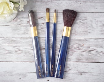 Vintage Estee Lauder Make Up Brushes with Cobalt Blue Acrylic Handles 4 Piece Brushes for Eyes, Face, Cheeks; Full Size Make Up Tools No Box