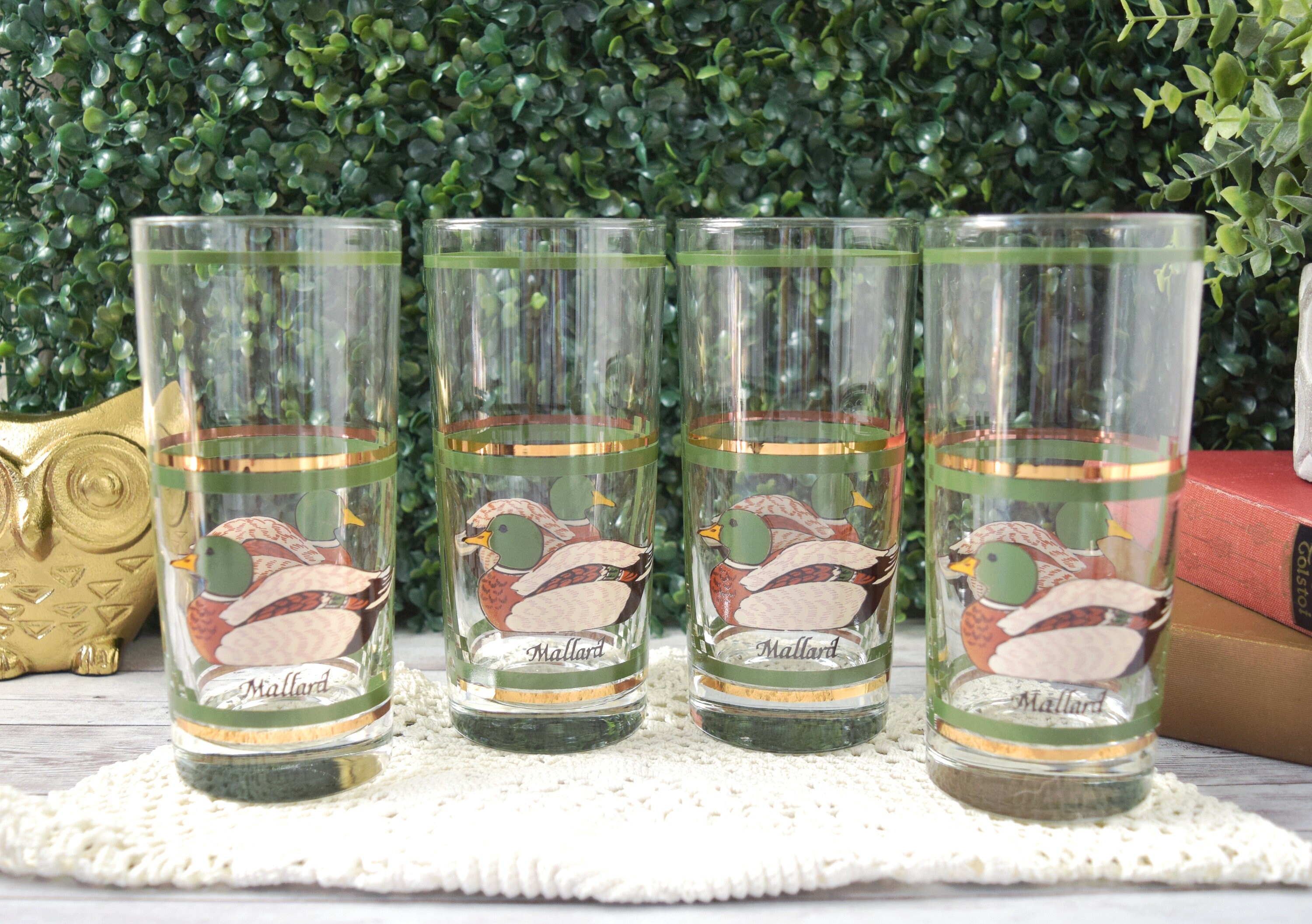 Highball Glasses Etched Mallard Duck Tumbler Drinking Reeds Clouds