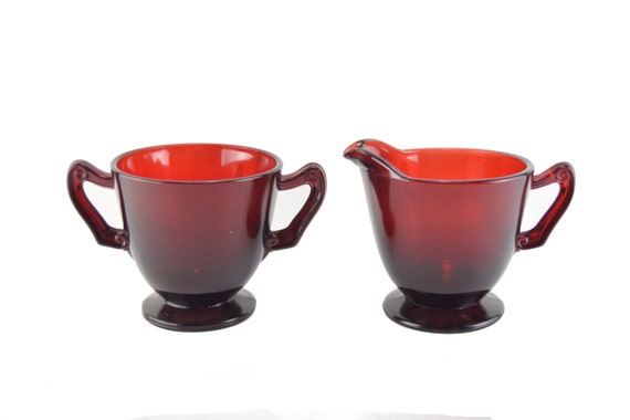 Ruby Red Depression Glass Sugar and Creamer Set Vintage 1950's Kitchen  Glassware Set of Two 