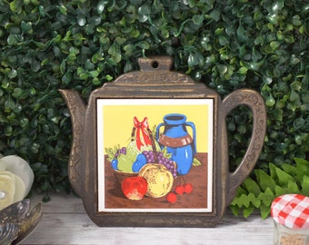 Vintage Teapot Shaped Cast Iron Trivet with Ceramic Square Tile of Colorful Fruits, Cottage Style Kitchen Wall Hanging Decor, Pot Holder