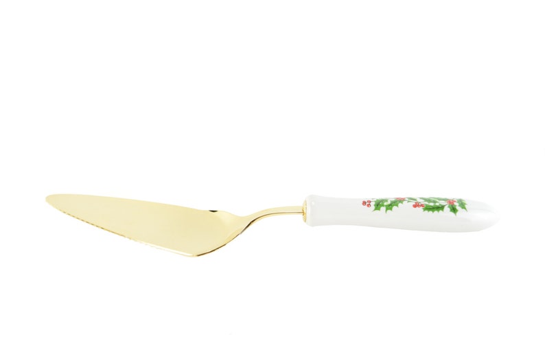 Vintage Christmas Pie Server, Xmas Dessert Cake Cutter, Holiday Serving Spoon with White Porcelain Handle Holly Berries Design image 1