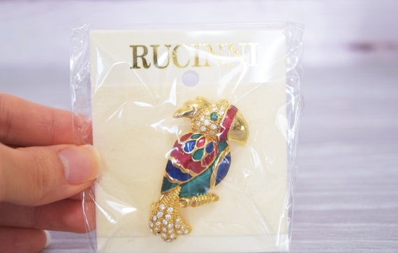 Vintage Rucinni Enamel Parrot Bird Brooch with Sw… - image 2