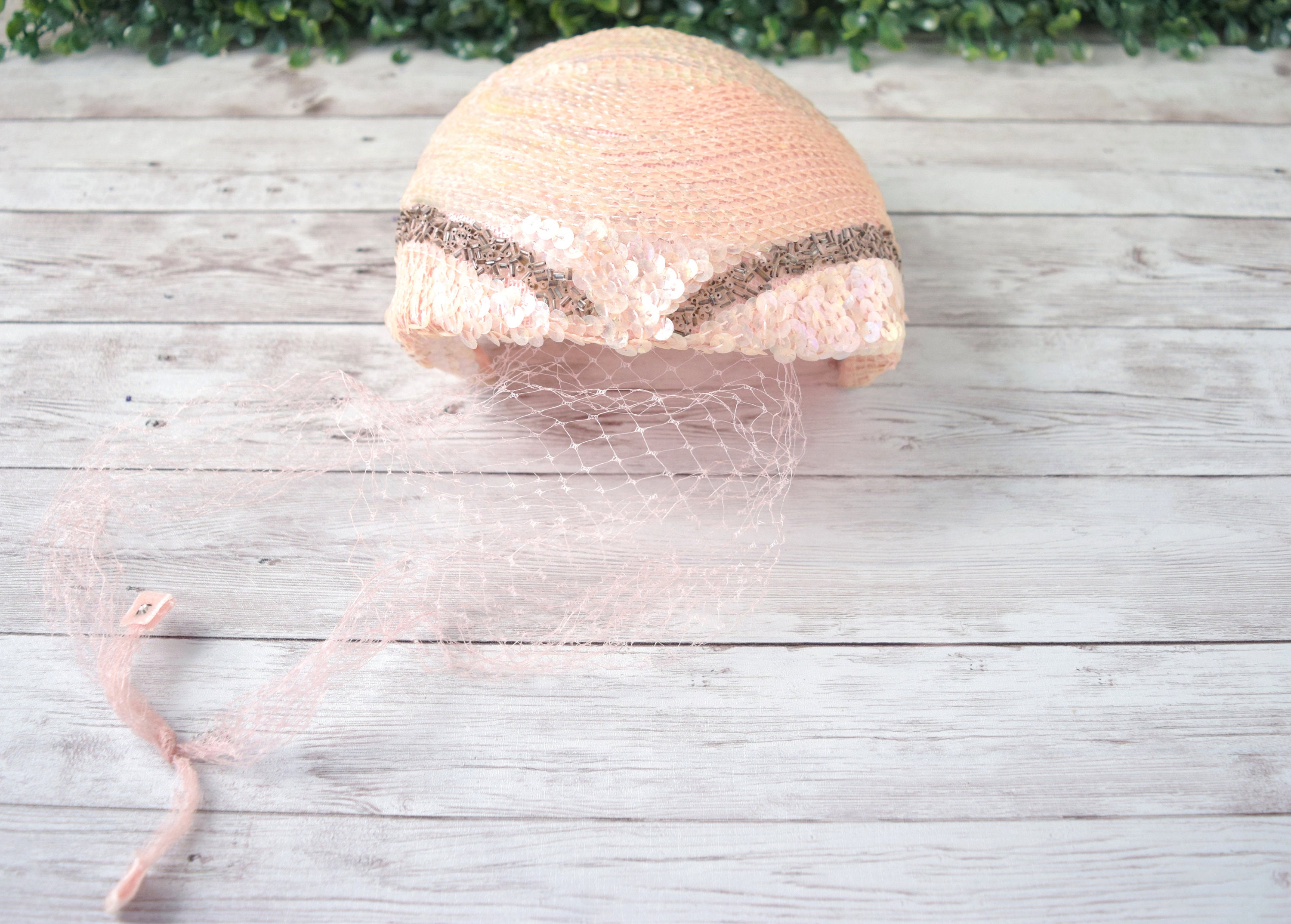 Vintage 1950s Blush Pink Sequin Tulle Fascinator Hat Vintage Pink Sequins Fascinator Hat With Netting, 1950s  main image 3