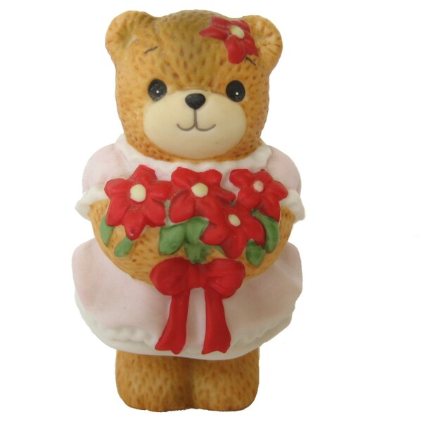 Vintage Mini Cute Teddy Bear Figurine Standing Statue Decor Display Enesco Collectible Female Girl Holding Bouquet Lucy and Me Flower Girl