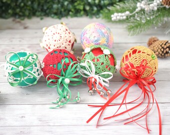 Vintage Set of Christmas Ornaments Crochet Covered Ball Ornaments, Knitted Macrame Holiday Ornaments for Xmas Tree w/ Bells, Bows, Flowers