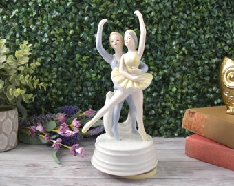 Vintage Porcelain Ballet Dancers Couple Figurine Music Box Plays Swan Lake by Tchaikovsky, Man and Woman Ballerinas 10" Tall Classical Decor