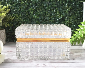 Vintage French Baccarat Style Jewelry Casket Box with Brass Banding and Faceted Pressed Cut Squares, Very Heavy Dresser Vanity Keepsake Box