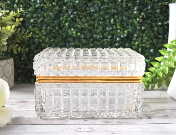 Vintage French Baccarat Style Jewelry Casket Box with Brass Banding and Faceted Pressed Cut Squares, Very Heavy Dresser Vanity Keepsake Box