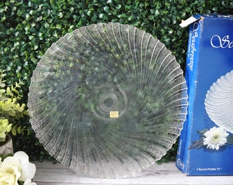 Vintage Arcoroc Large Clear Glass Platter Seabreeze Pattern Made in USA, Tempered Glass Durable Cookie Plate, Nautical Serving Dish NWT