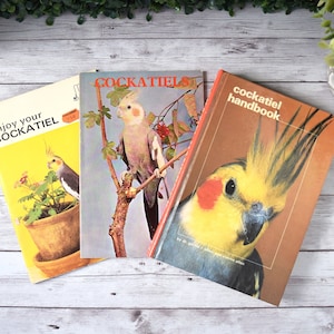 May include: Three vintage books about cockatiels. The books have colorful covers with images of cockatiels. One book is titled "Enjoy Your Cockatiel", another "Cockatiels", and the third "Cockatiel Handbook". The books are on a light wood surface.