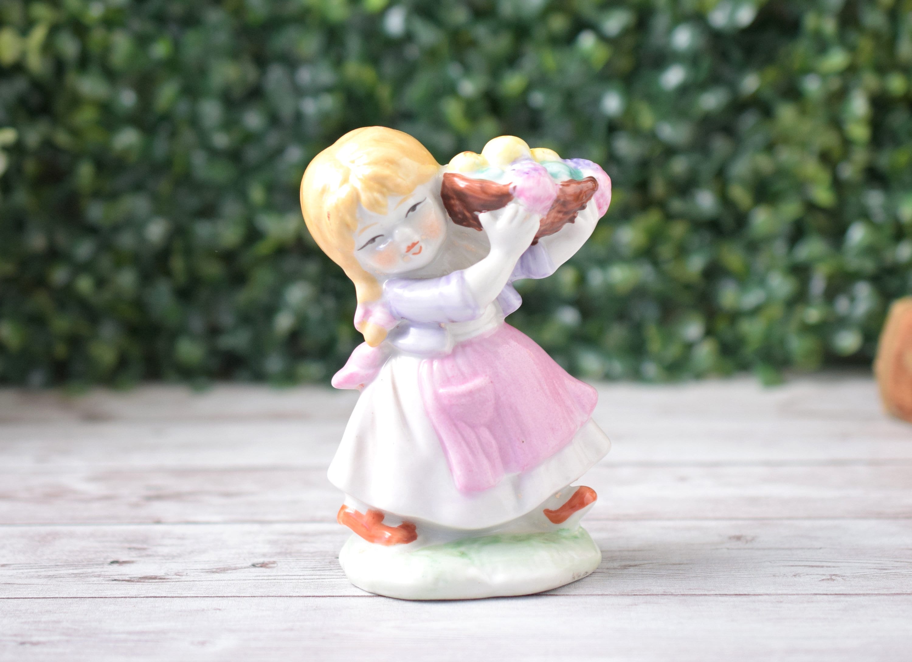 Vintage Retro Kitschy Porcelain Girl Carrying Basket of Fruits