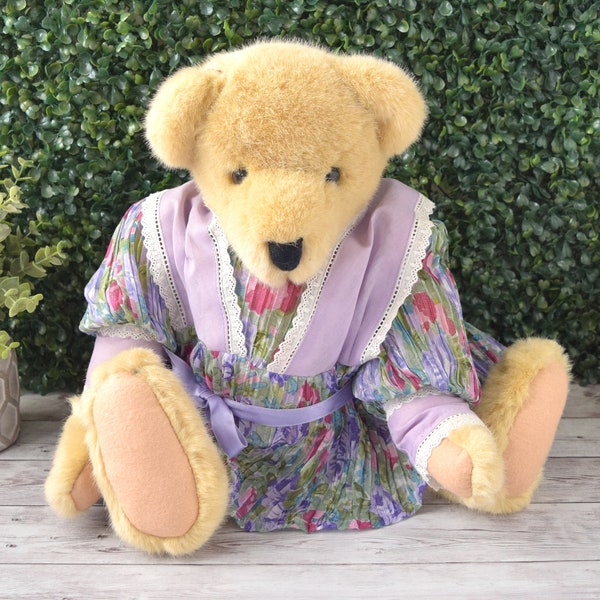 Vintage 1982 Vander Family North American Bear Company Jointed Bear with Purple Dress by Barbara Isenberg, Collectible Plush Teddy Bear