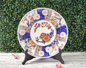 Blue White Japan Imari 10 quot Plate, Large Japanese Charger Plate, Decorative Floral Asian Enamel Wall Plate, Chinoiserie Dish w Lotus Flowers