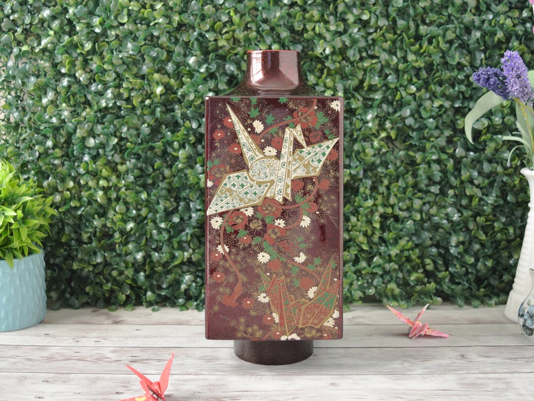 Tall Vintage Japanese Vase With Cranes and Chrysanthemums, Angular