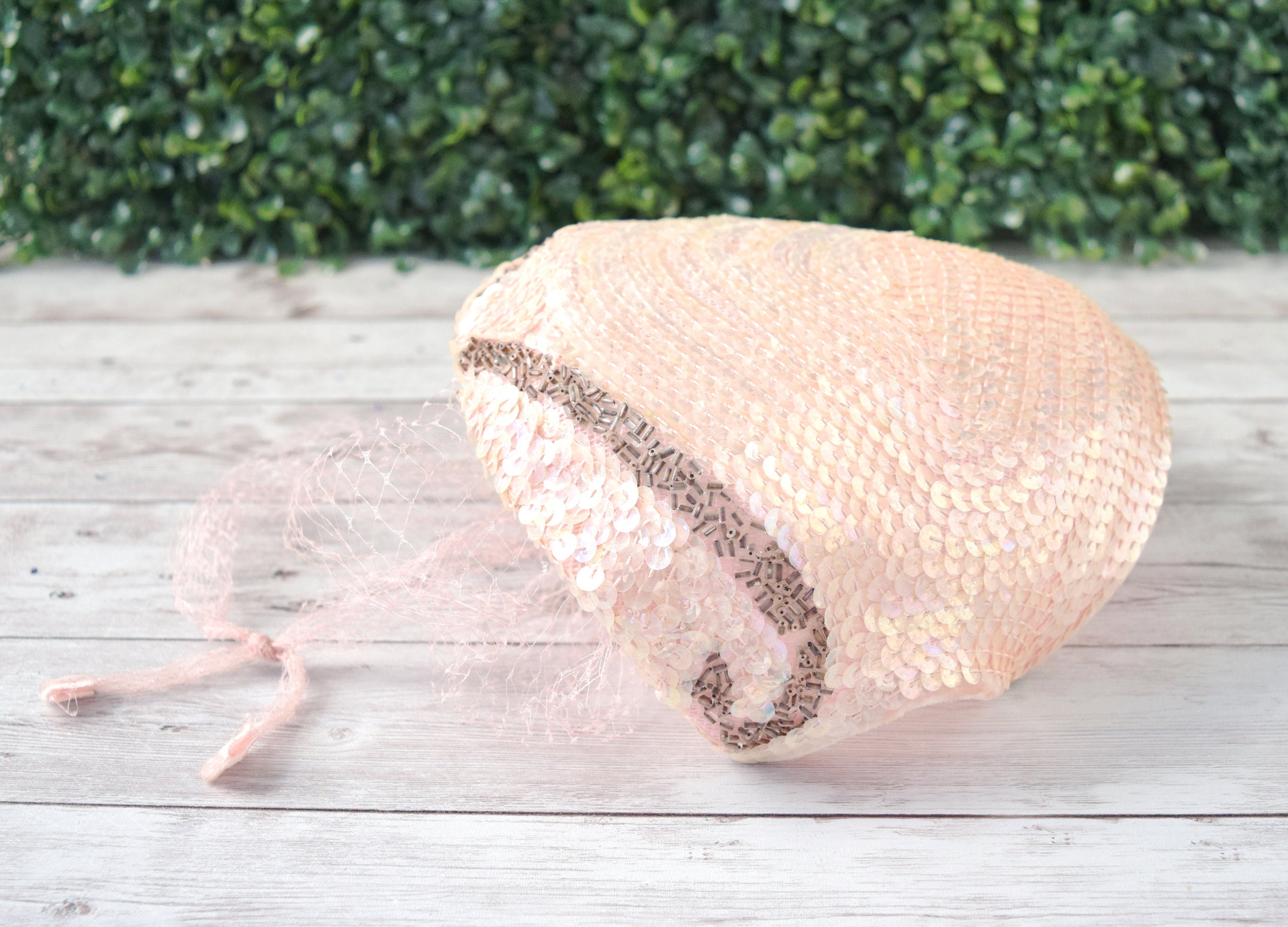 Vintage 1950s Blush Pink Sequin Tulle Fascinator Hat Vintage Pink Sequins Fascinator Hat With Netting, 1950s  main image 4