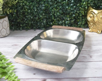 Vintage Lundtofte Denmark Stainless Steel Divided Tray with Teak Handles, Midcentury Modern Danish Dual Serving Sectioned Platter Minimalism